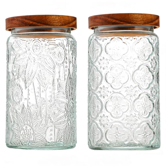 JOGGEIL 34 OZ 2 PCS Glass Storage Jar with Airtight Bamboo Wooden Lids,Vintage Food Containers Canisters Sets for Kitchen Counter Pantry, Sugar, Flour, Candy, Tea, Coffee Beans, Oats, Grain Bin,Pasta