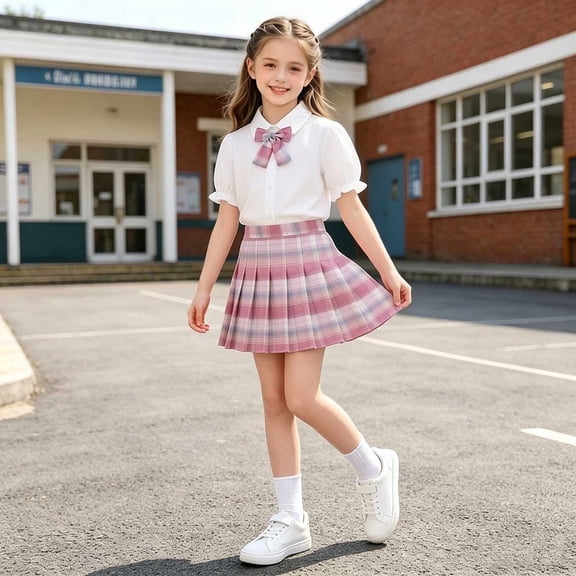 HAOTAGS Girls Outfit Sets, Back-to-School Ruffled Short-Sleeve Top Plaid Skirt with Bow Tie 3PC Sets Pink Size 7