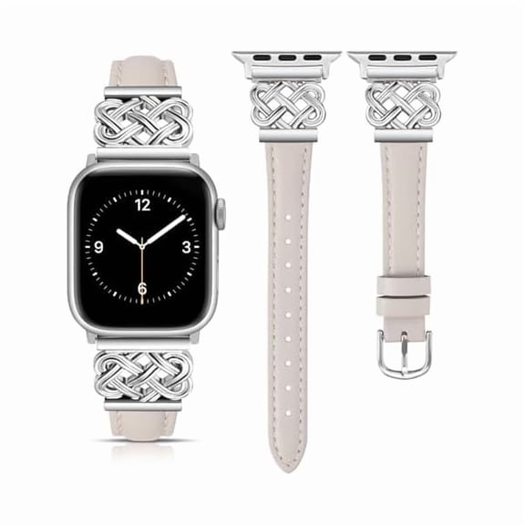 can Compatible with Apple Watch Bands Women 38/40/41/42mm Dressy Slim Leather Strap with Designer Celtic Interlock Knot Bracelet for iWatch Series 11 10 9 8 7 6 5 4 SE 3 2 1, Starlight/Silver
