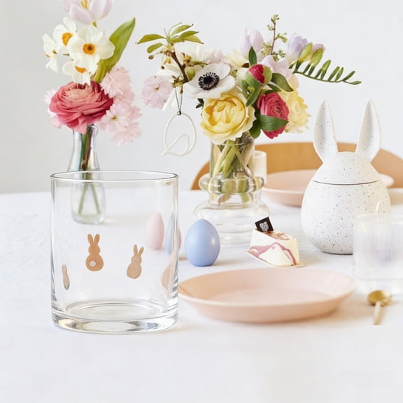 Easter Themed Clear Glass Tumblers, 12oz Cute Bunny/Carrot/Duck/Tulip Print Glass Cups for Spring, Dishwasher Safe Drinking Glasses Set