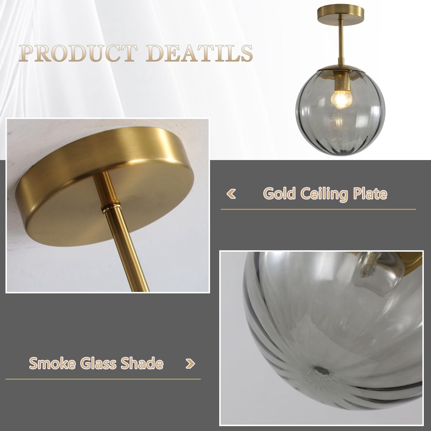 KCO Lighting Brass Gold Smoke Glass Semi Flush Mount Ceiling Light Industrial Large Globe Entryway Ceiling Light for Bathroom Porch