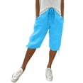 thumbnail image 2 of Domuza Cotton Linen Shorts for Women Casual Drawstring Elastic Wasit Knee Length Bermuda Shorts Summer Stylish Relaxed Fit Beach Vacation Shorts Sky Blue S, 2 of 4