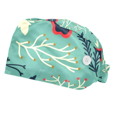 

2PCS Working Cap with Buttons and Sweatband Adjustable Tie Back Hats Bouffant Caps Christmas Scrub Turban Hat
