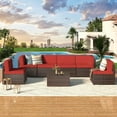 thumbnail image 2 of AECOJOY 7 PCS Patio Conversation Set, PE Rattan Wicker Outdoor Sectional Set with Cushions and Coffee Table, Patio Dining Set for Garden in Brown Rattan & Red Cushion, 2 of 9