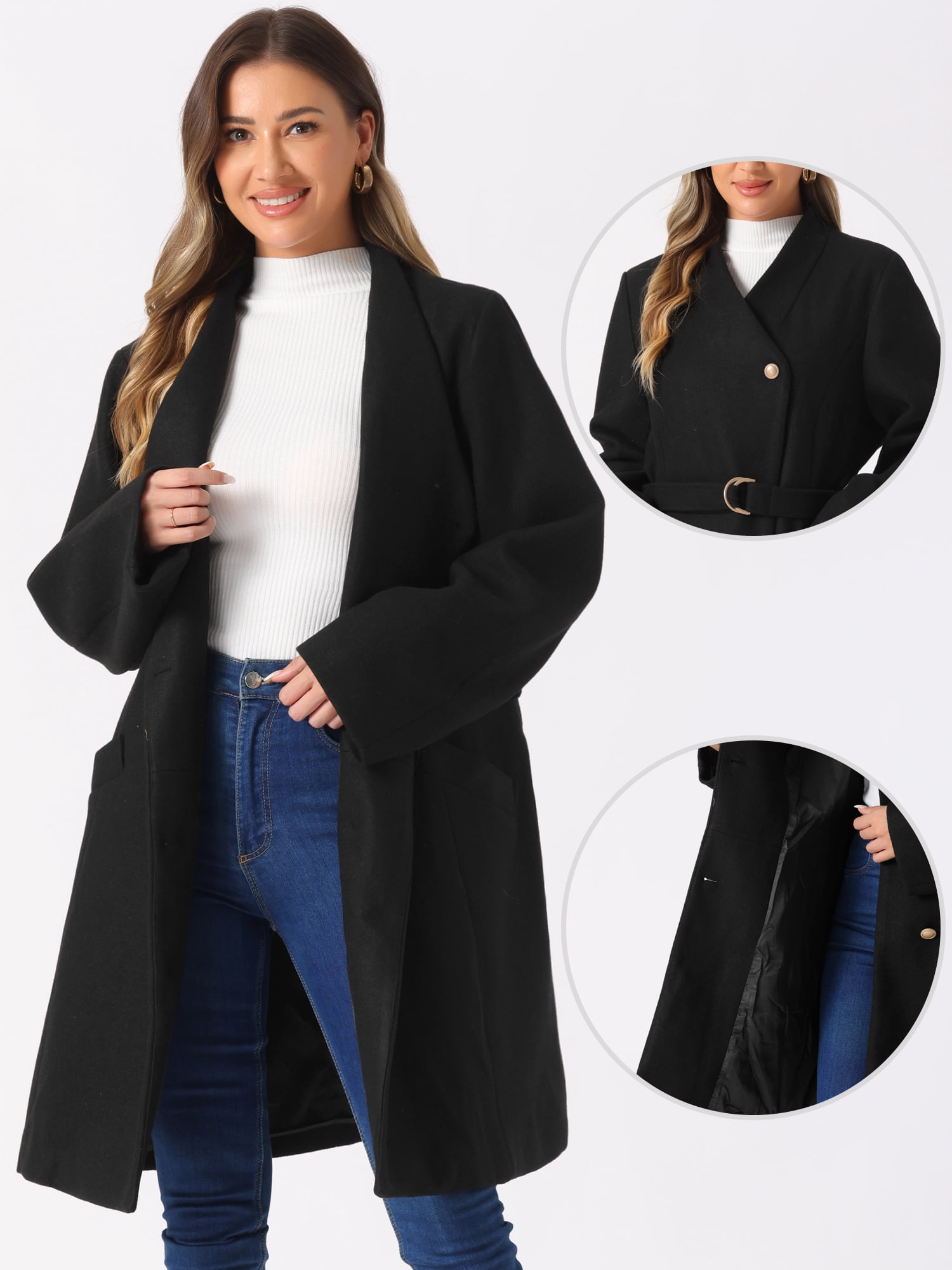 DARING DIVA Women's Stand Collar Long Sleeve Belted Pearl Button Midi Coat Black L