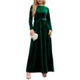 thumbnail image 3 of Vestido largo para mujer, cuello redondo, manga larga, cintura alta, correa, color puro, vestido largo para otoño invierno, verde, XXL, 3 of 6