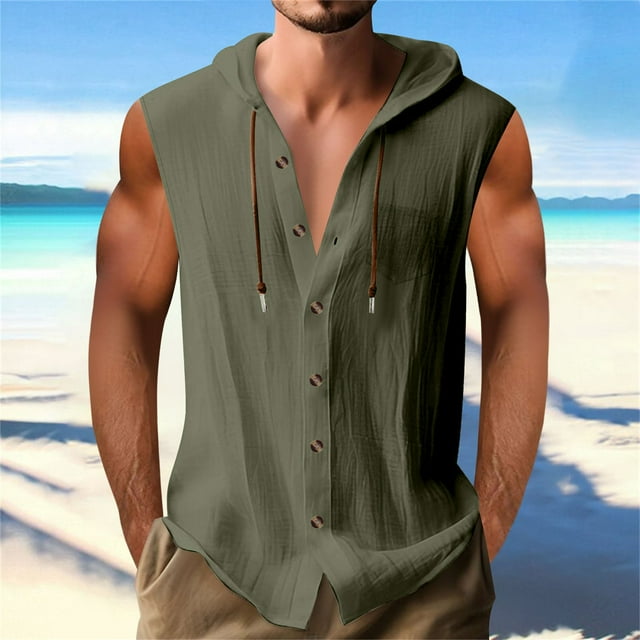 pstuiky Camiseta sin mangas para hombre, Cárdigan de lino con capucha y botones para hombre, sin mangas, informal Chaleco de hombre s