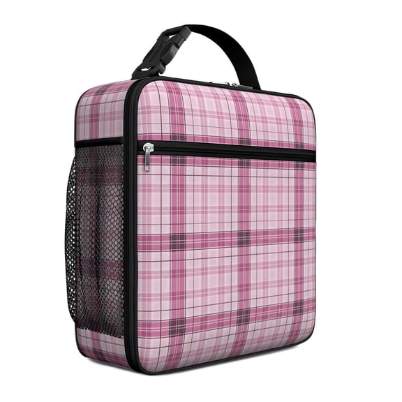 Pink and Black Checkered Pattern Insulated Lunch Bag Teens,Lunch Box for Men Women for Work,Picnic or Travel,10.2x9.5x4.3 Inches,8 Can Capacity