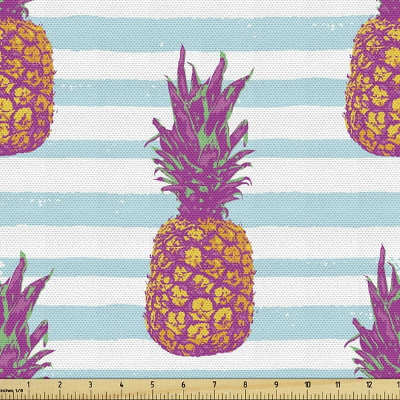 Modern Fabric by the Yard, Pop Art Themed Pineapple Illustration on Blue Stripes Retro Tones Print, Decorative Upholstery Fabric for Sofas and Home Accents, Dark Magenta and Orange by Ambesonne