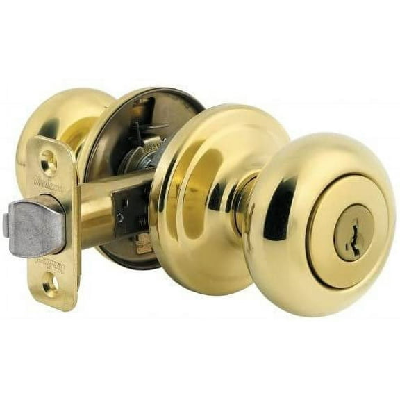Kwikset Juno Entry Door Knob and Single Cylinder Deadbolt Combo Pack - Polished Brass Finish — Construction & DIY Use, Standard Hardware Spec