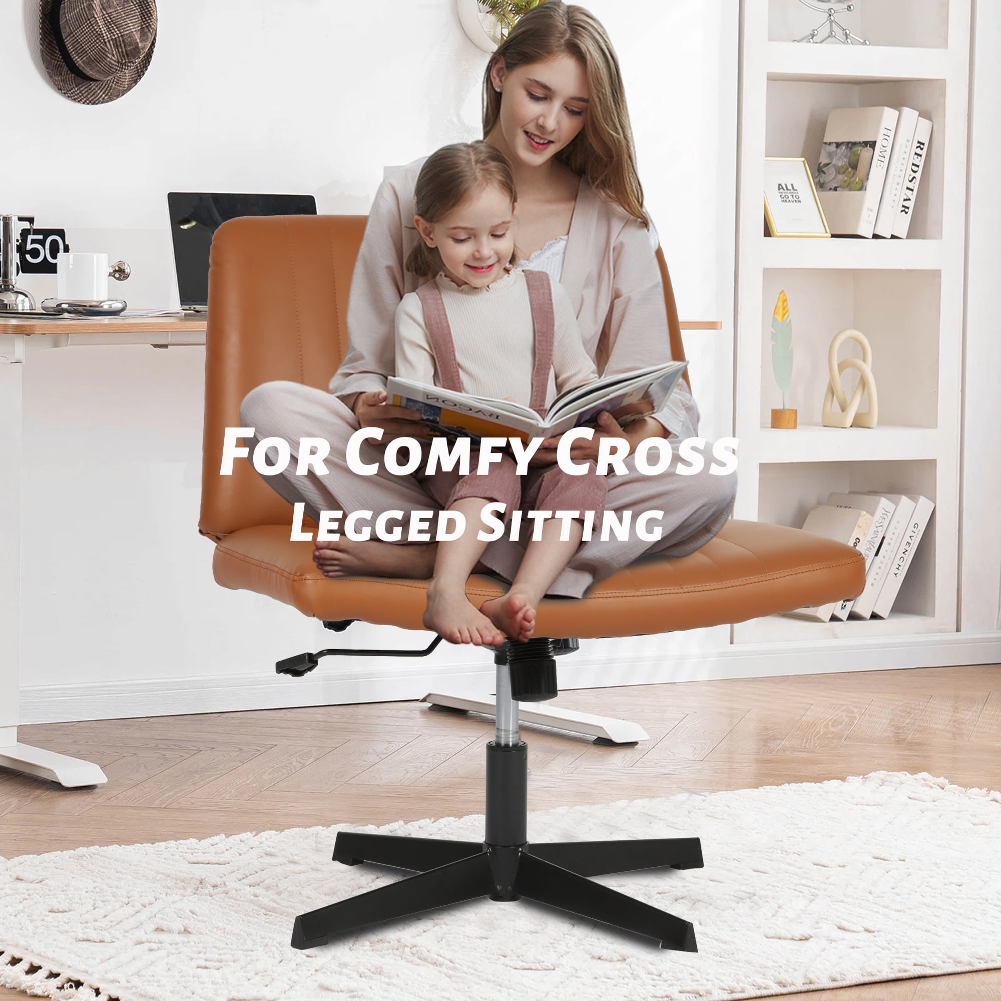 CL.HPAHKL Criss Cross Desk Chair, Height Adjustable Comfy Computer Task Chairs with Back No Wheels Armless Cross Legged Chair Modern Vanity Swivel Chair for Home Office Bedroom (1, Brown)