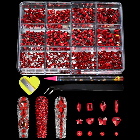 Crystal Nail Gems Rhinestones, 12 Grids Mix of Heart & Flat Back Shapes, 3D Jewelry for Cartoon & Diamond Decoration, Nail Art