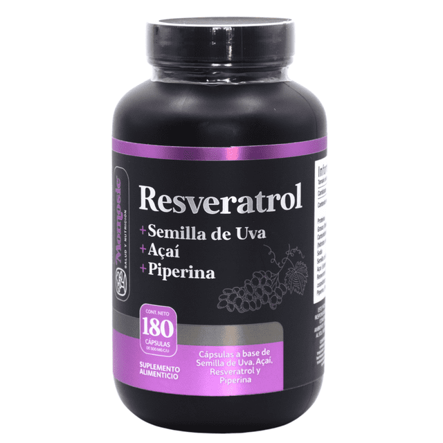 Resveratrol 180 Cápsulas | Uva Roja, Acai y Pimienta negra | Antioxidante |1000 mg por porción | Dura 3 Meses | Alta en Polifenoles | Ingredientes Naturales | Meses de suministro