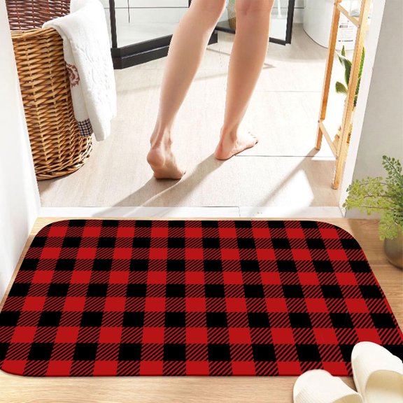 Black Red Checked 16x24 Flannel Bath Mat for Bathroom, Anti-Slip Backing Soft Bathroom Rug, Washable Water Absorbent Mat