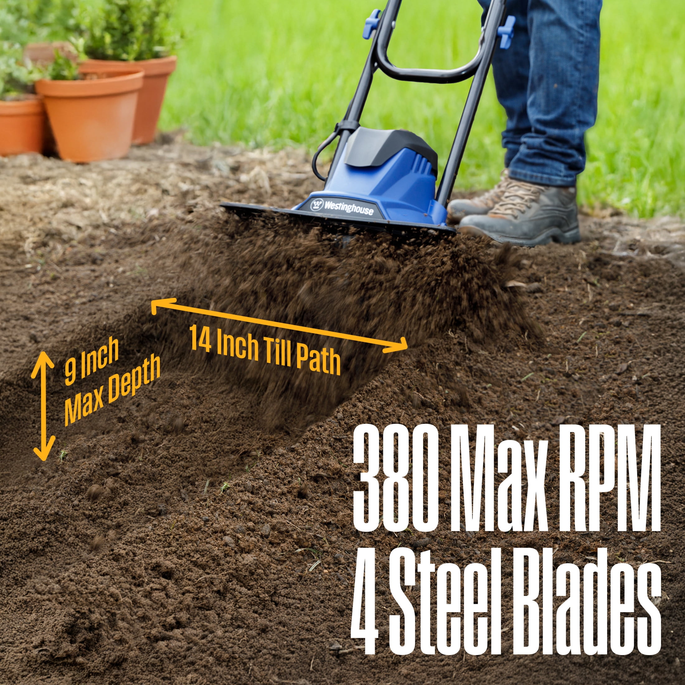 Westinghouse W14TCAC 14-Inch, 10 Amp Corded Electric Tiller Cultivator for Gardening, with 4 Steel Blades