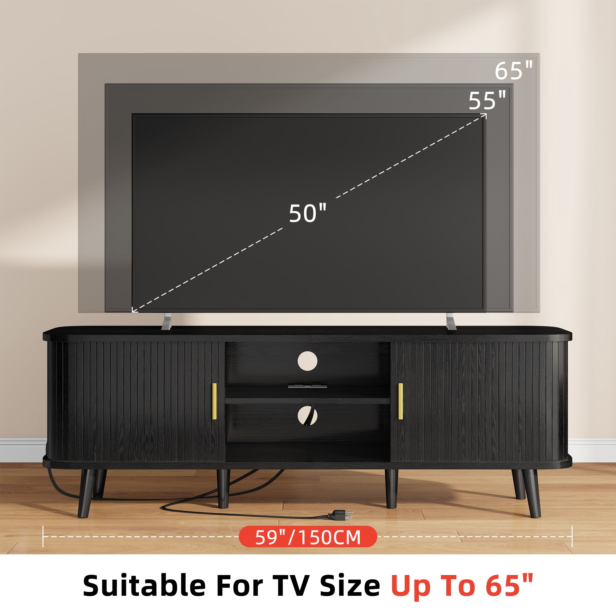 Laintene 59" TV Stand with Power Outlet for TVs up to 65 Inch, Entertainment Center with Storage and Adjustable Shelves, Modern Media Console with Sliding Doors for Living Room, Black