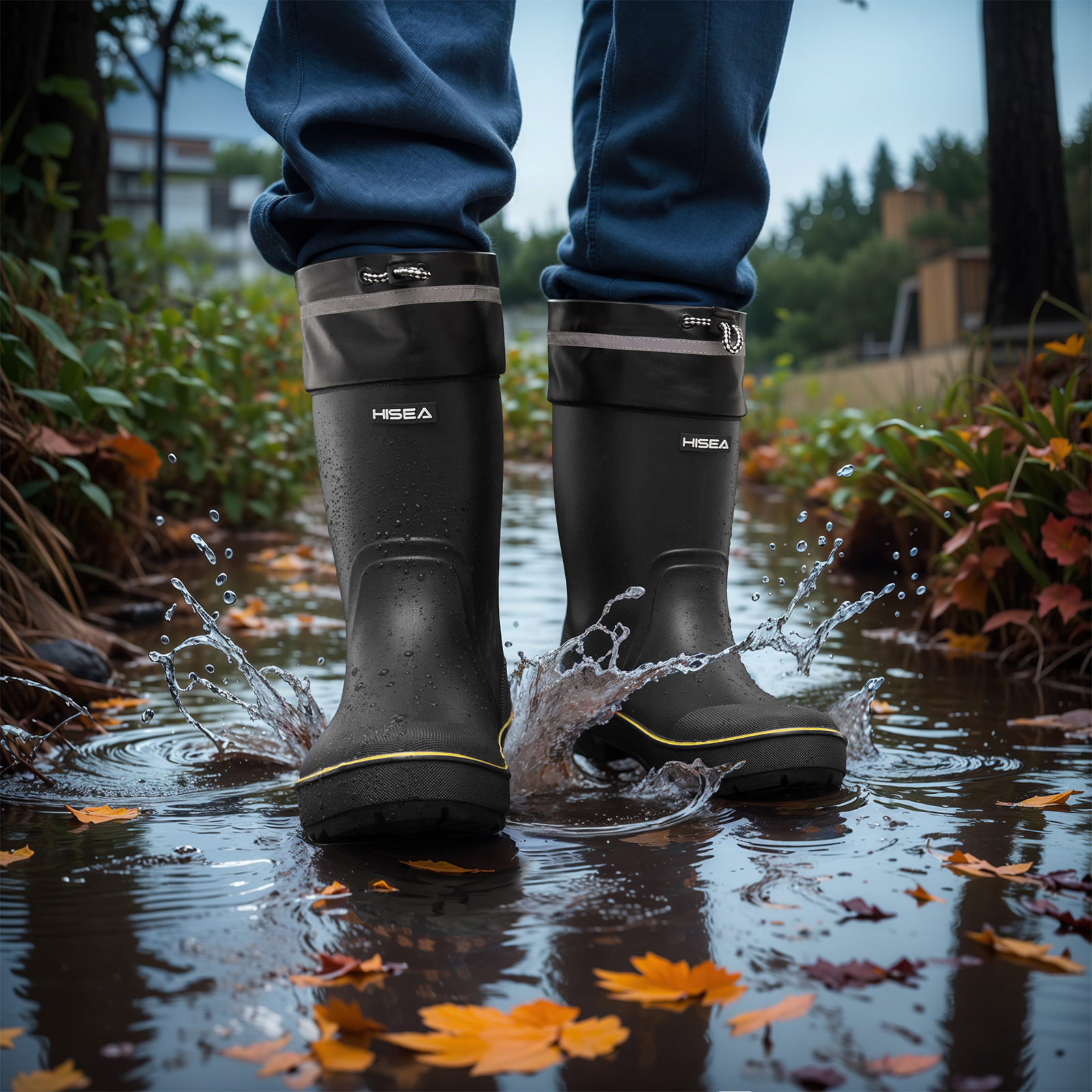 HISEA Mid Calf Rain Boot for Men,Anti-slip Waterproof PVC Mud Garden Boots with Adjustable Closure,Black & Yellow,Size 10.5