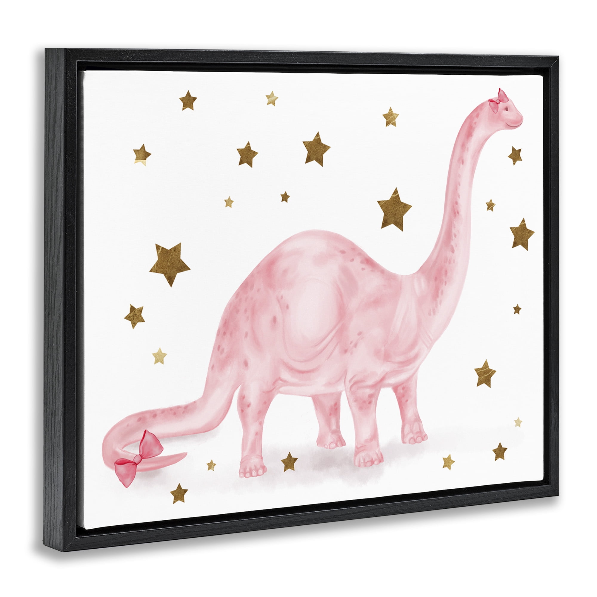 Stupell Industries Pink Dinosaur with Gold Stars Animals & Insects Painting Black Floater Framed Canvas Art Print Wall Art, 31 x 25