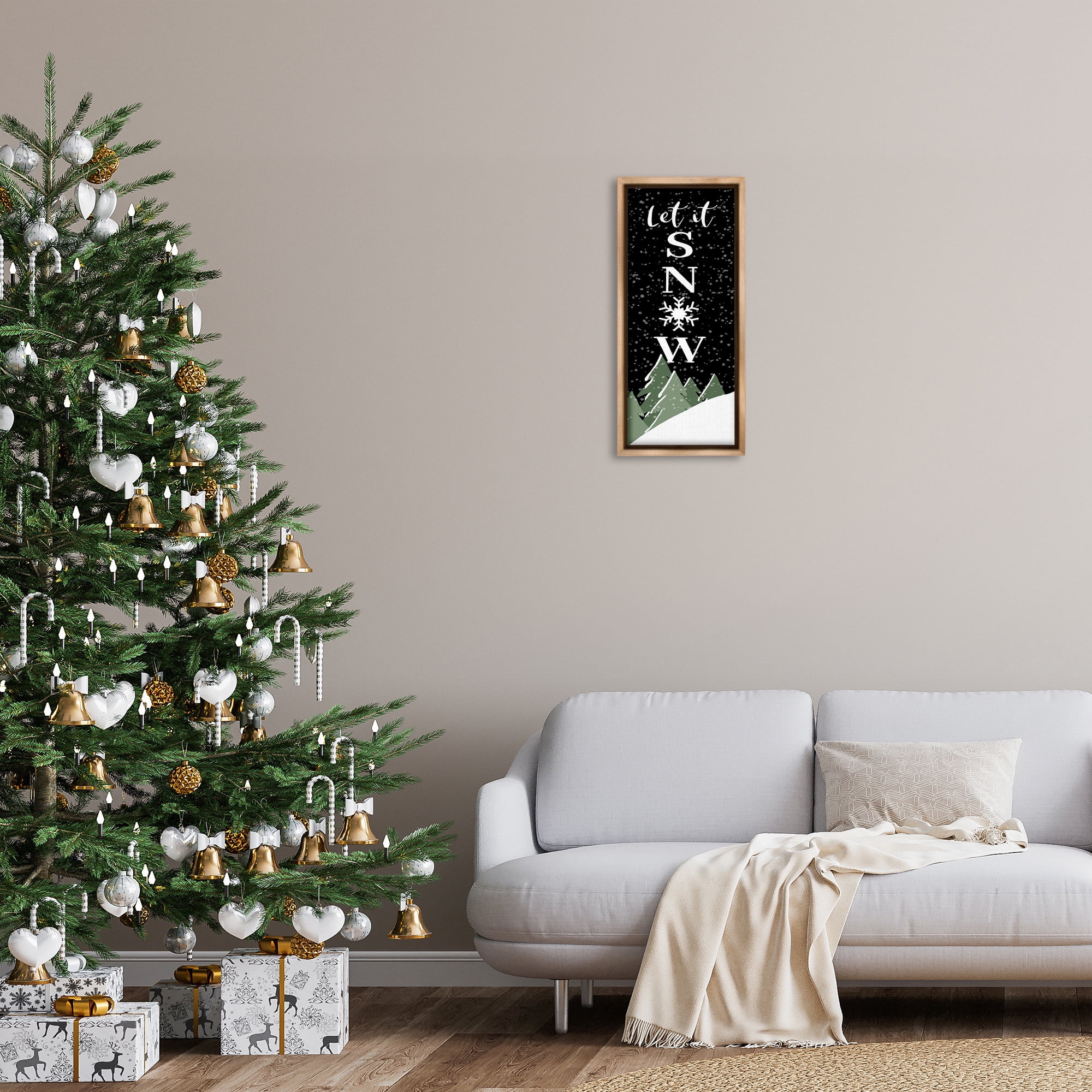 Stupell Industries Let It Snow Winter Scene Inspirational Painting Brown Floater Framed Canvas Art Print Wall Art, 11 x 25
