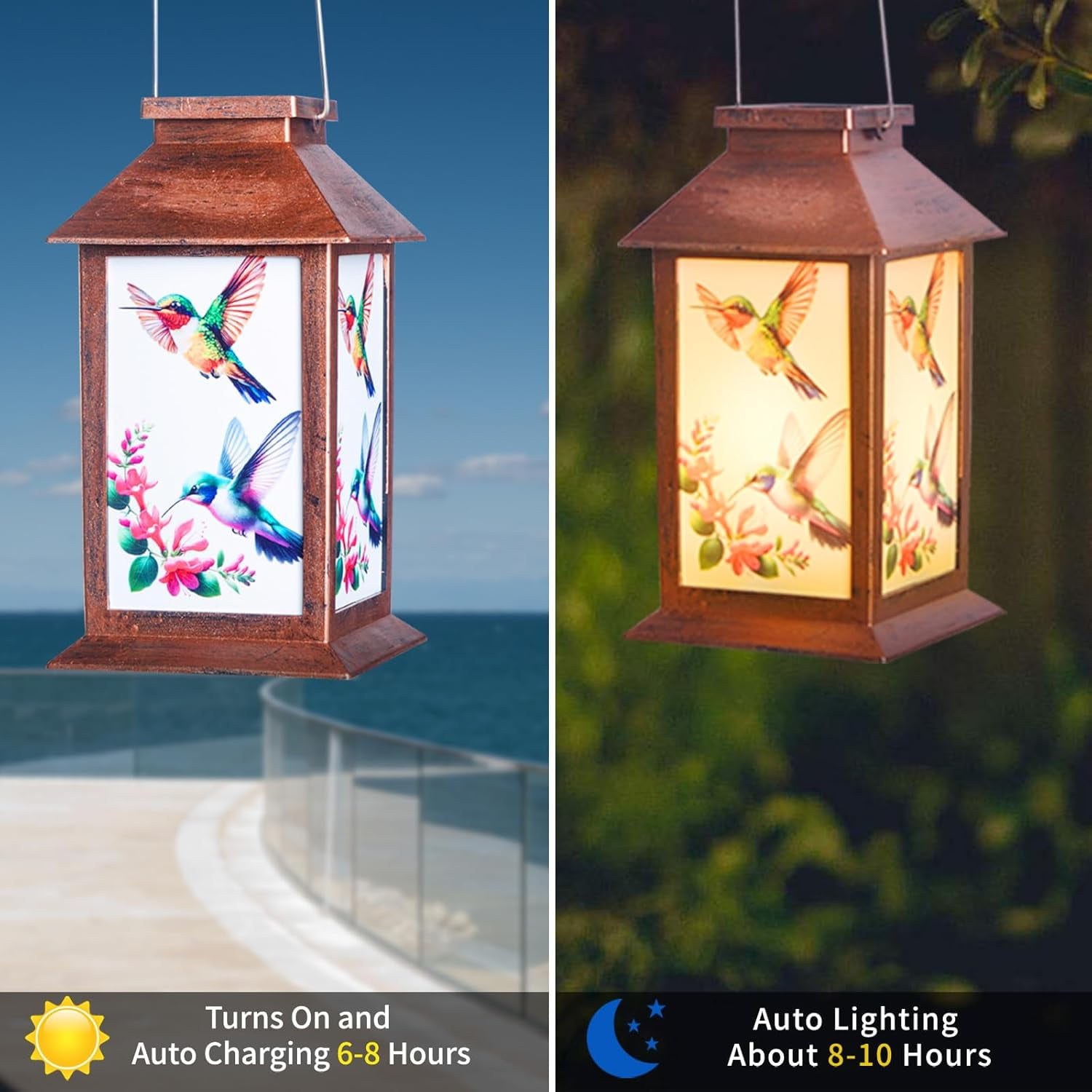 Hummingbird Solar Lantern House - Waterproof Hanging Wind Chimes Garden Lights | Geometric Cutouts, Auto On/Off Warm White for Patio/Yard/Pathway