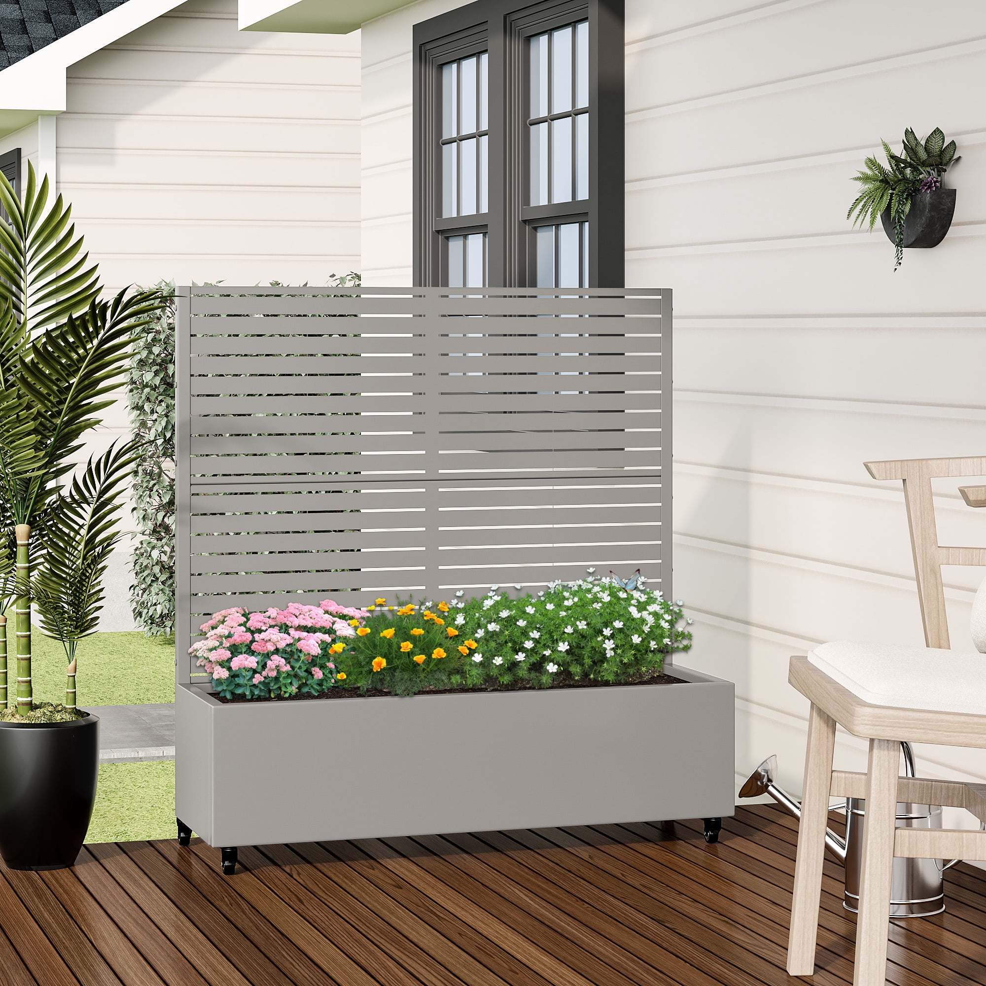 MAYEERTY 47.2"×47.2"×15.7" Gray Iron Planter Box with Trellis - Louvered Design, Perfect for Patio Greenery