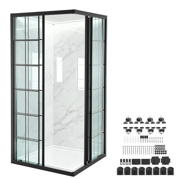 KFFKFF Shower Enclosure, 35 in. D x 35 in. W x 72 in. H, Corner Double Sliding Door with 1/4 in. Clear Tempered Glass, Bathroom Stall Kit with Matte Black Frame & Aluminum Alloy Handle