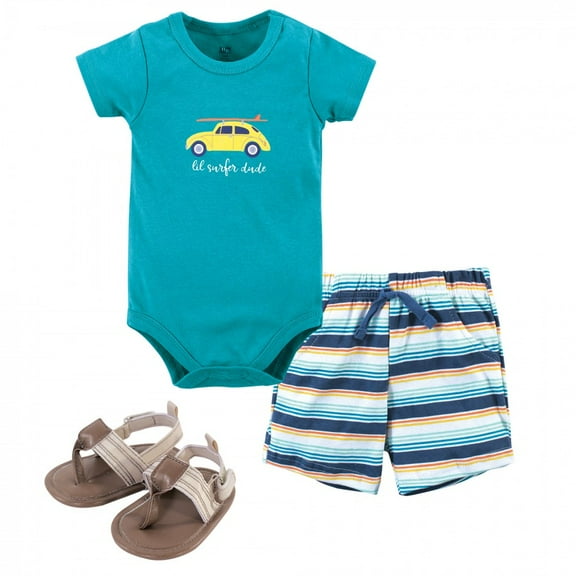 Hudson Baby Infant Boy Cotton Bodysuit, Shorts and Shoe 3pc Set, Surfer Dude, 0-3 Months