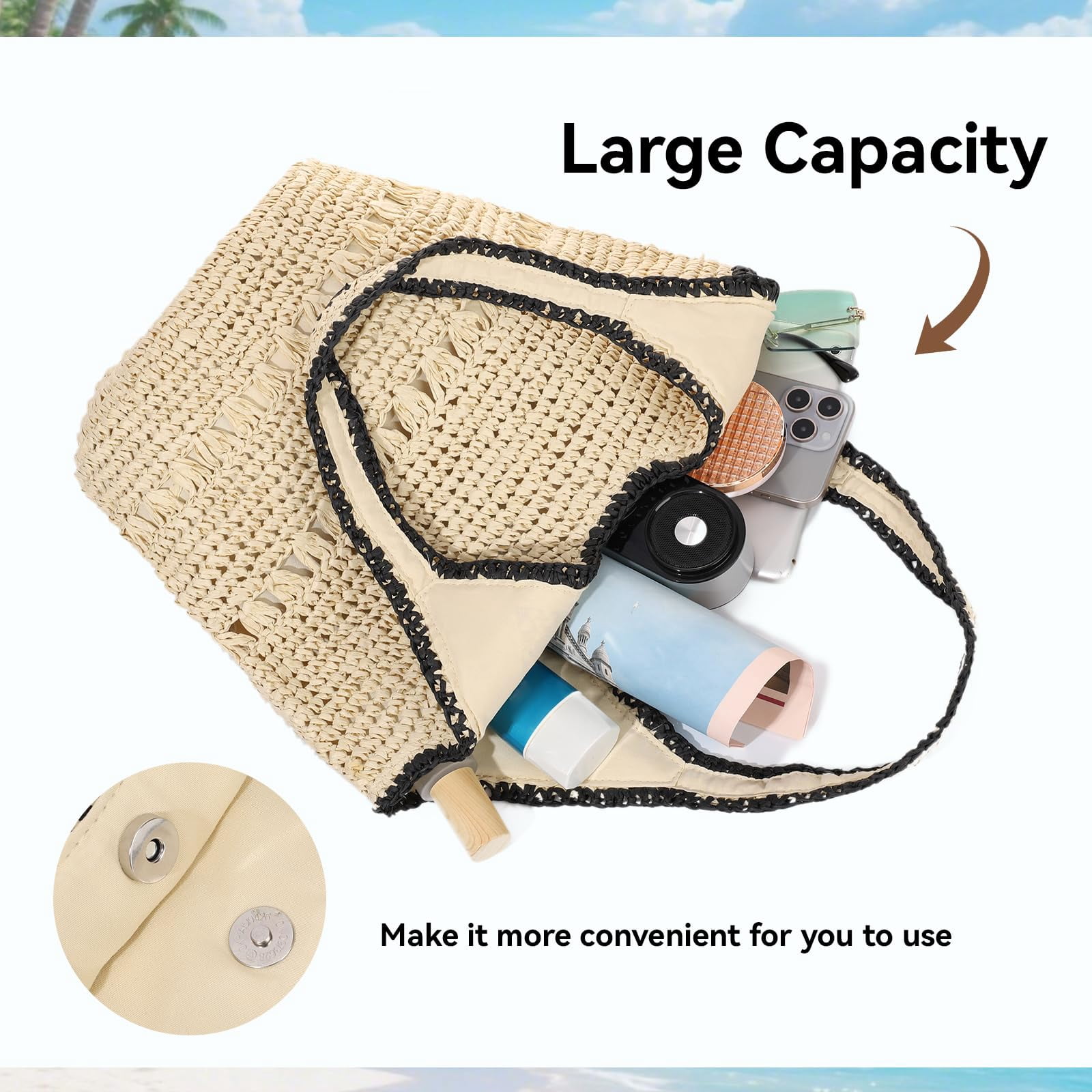 Beach Bags for Women Woven Summer Purses 2026 | Crochet Straw Bags, 13.8" Large Capacity, Tote with Magnetic/Zipper, Boho Handbag, Spring Summer, Vacation Purse