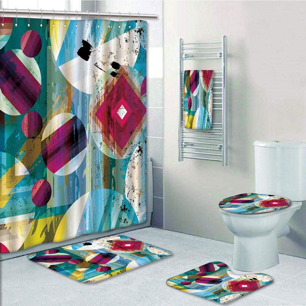 Prtau Vintage Geometric Circle Shapes Like Outer Space Planets 5 Piece Bathroom Set Shower Curtain Bath Towel Bath Rug Contour Mat And Toilet Lid Cover Walmart Com Walmart Com