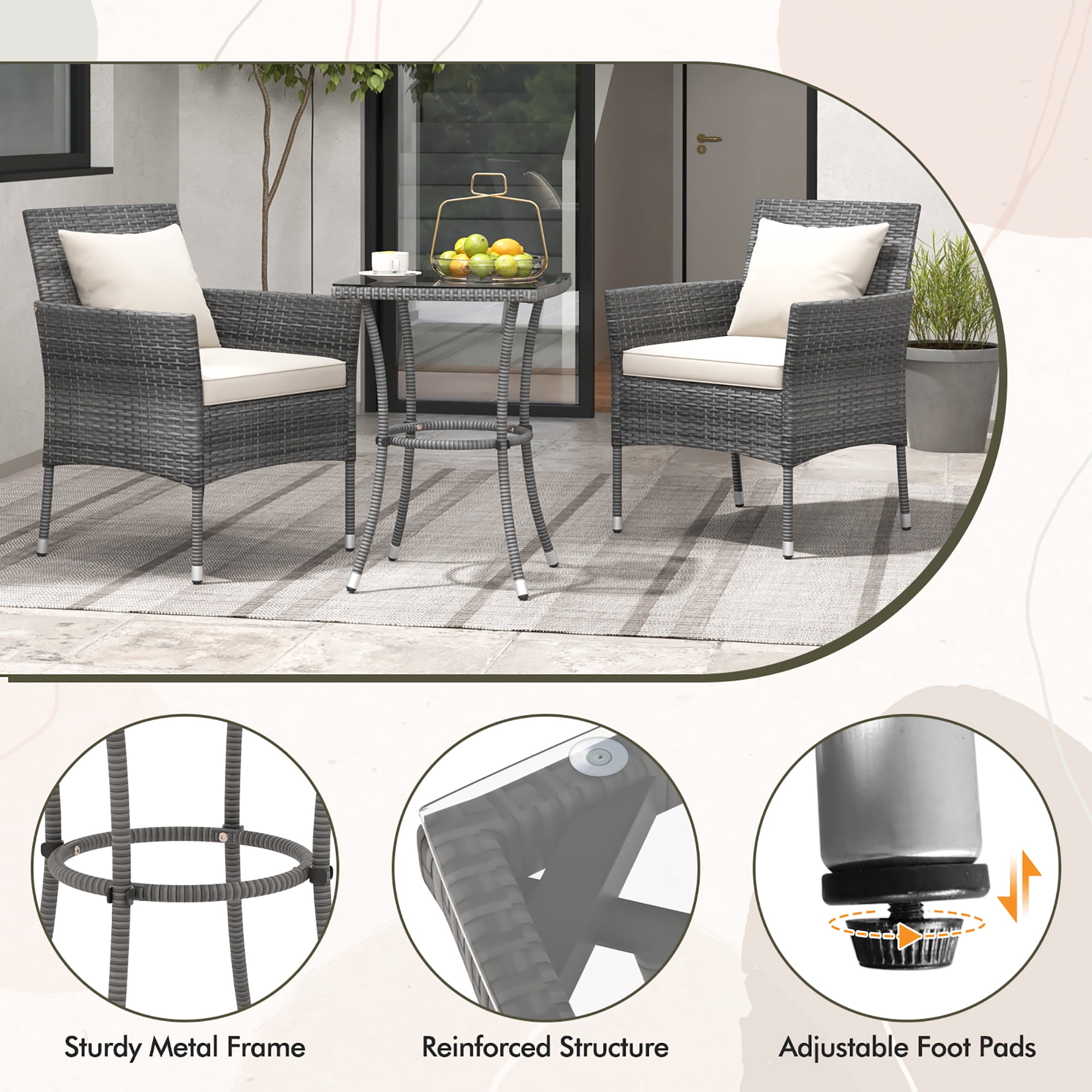 Gymax 3-Piece Patio Furniture Set PE Wicker Conversation Bistro Set w/ A Tempered Glass Table