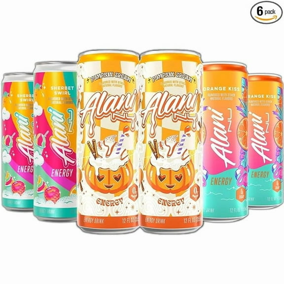 New Alani Energy Drinks Pumkin Cream, Sherbet Swirl, Orange Kiss Variety Pack, Sugar-Free, Low-Calorie, 200mg Caffeine, Energy Boost Drink 12 fl oz (Pack of 6) Repackaged By PickNGo Market