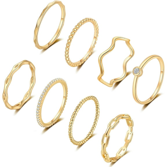 8PCS 14K Gold Plated Stacking Rings for Women Simple Dainty Silver Stackable Knuckle Thumb Rings Set Cubic Zirconia Thin Plain Band Wedding Promise Eternity Statement Rings Size 4-12