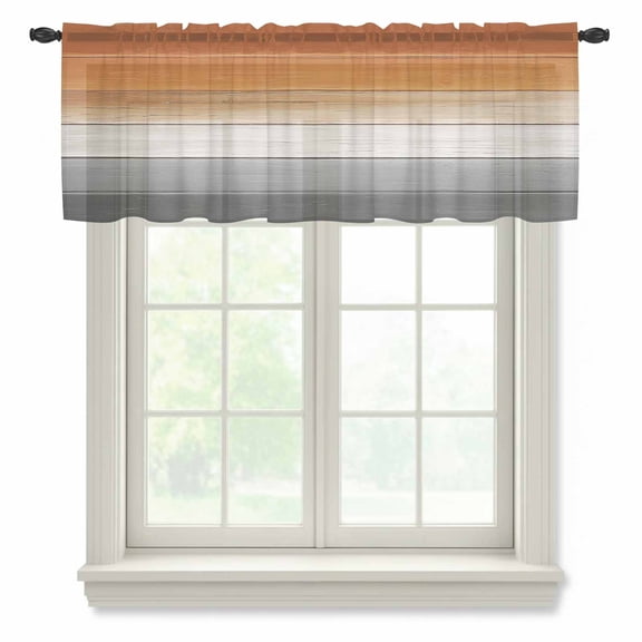 Orange Gray Valance Curtains for Kitchen/Living Room/Bathroom/Bedroom Window, Rod Pocket Small Topper Half Short Window Curtains Voile Sheer Scarf, Farmhouse Retro Gradient Wooden Grain 42"x18"