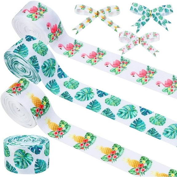 4 Rolls Tropic Themed Ribbons 20 Yards Flamingo Pineapple Craft Ribbons for Wreath Hair Bow Wrap Gifts Pack Fruit Grosgrain Ribbons Birthday Wedding Gender Reveal Party Accessory Decorations