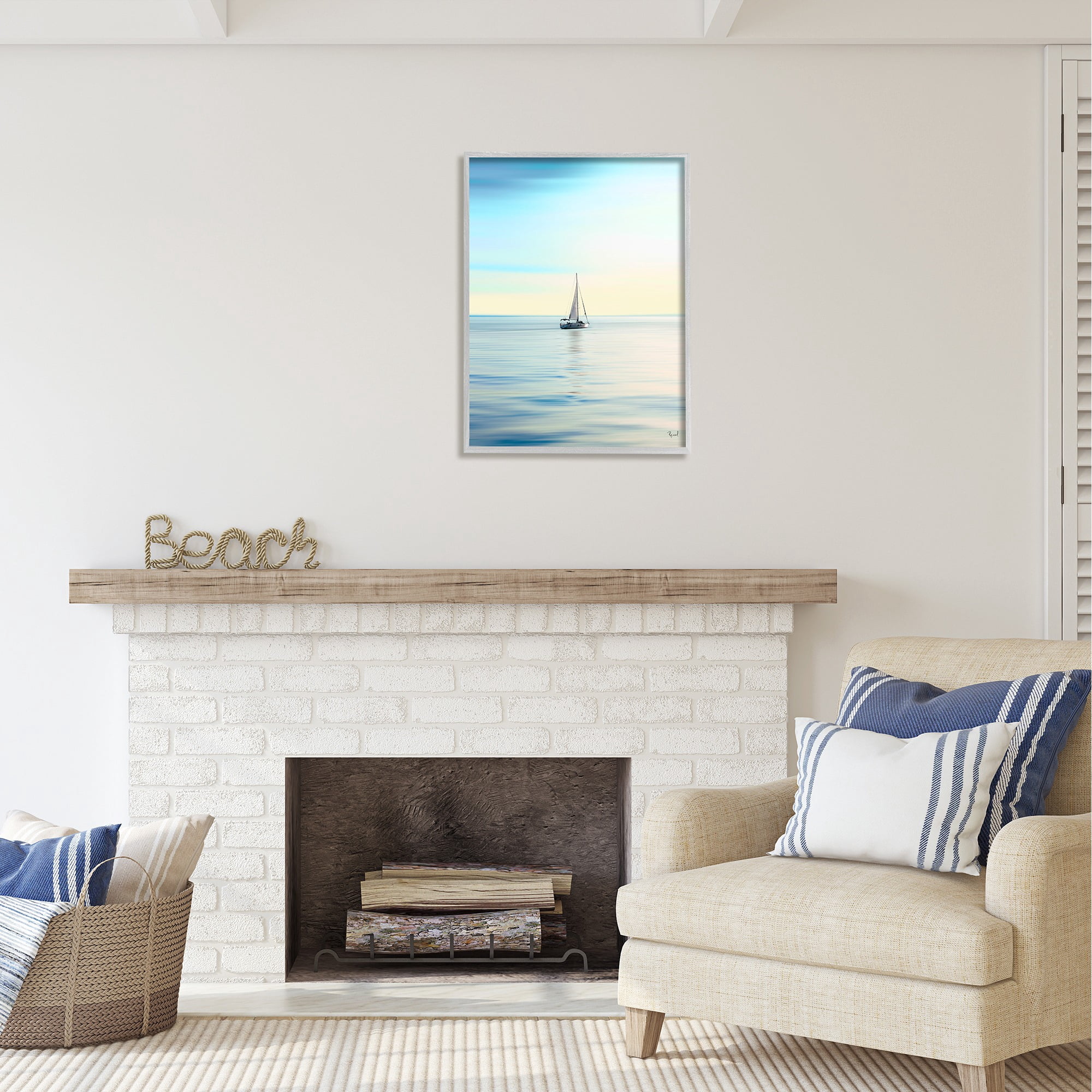 Stupell Industries Blue Sunlit Sailboat Transportation Painting Gray Framed Art Print Wall Art, 24 x 30