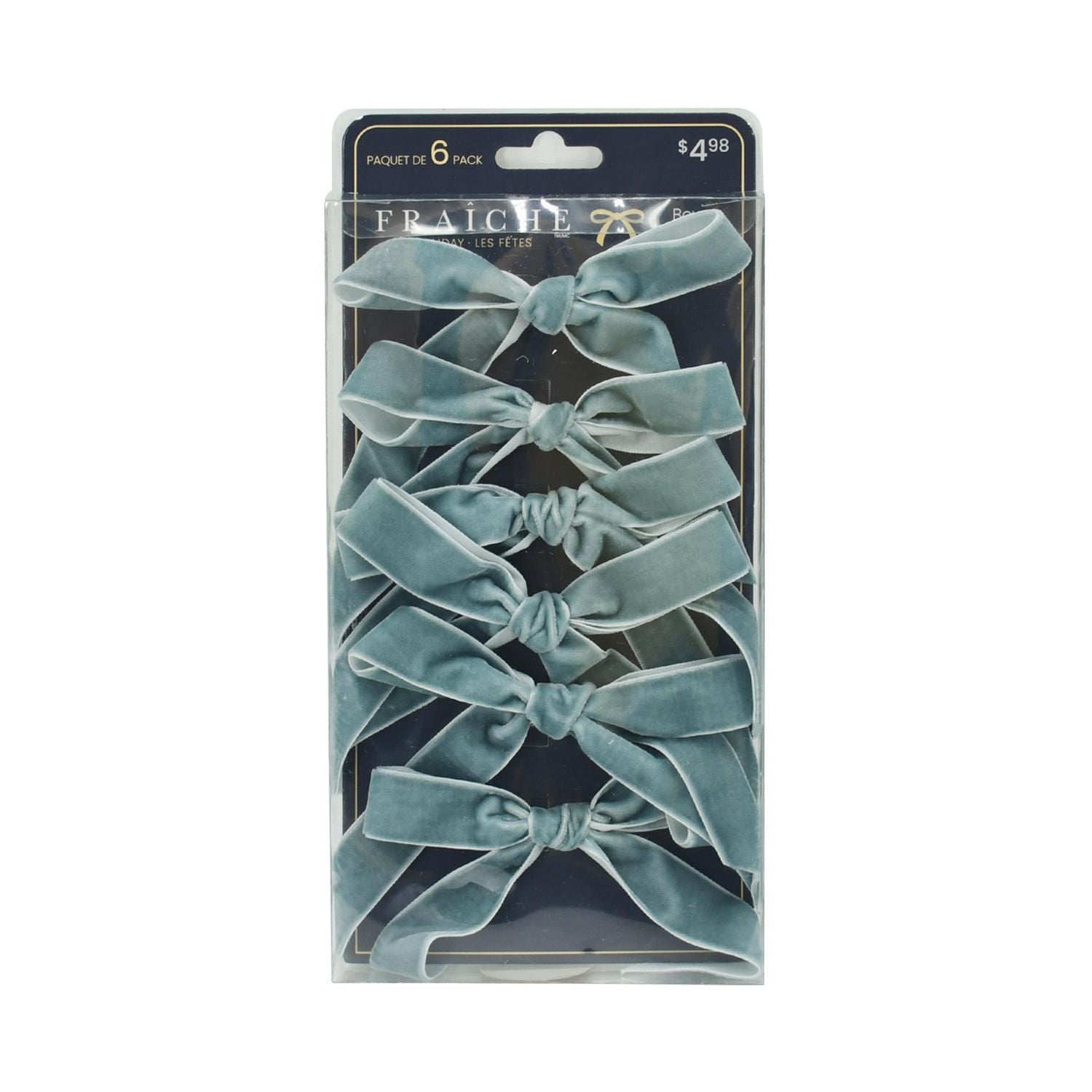 FRAÎCHE Holiday Light Blue Velvet Bow Clips Ornament Set, 6 Pack