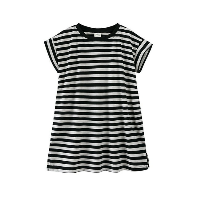 MIASHUI Vêtements d'Été pour Petites Filles Robe Décontractée à Manches Courtes Rayée, Noir, 9-10 Ans