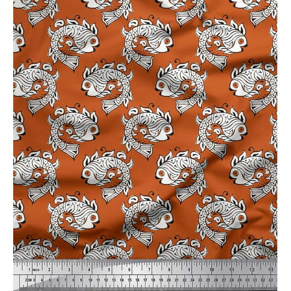 Soimoi Silk Fabric Fish Block Fabric Prints by Yard 42 Inch Wide