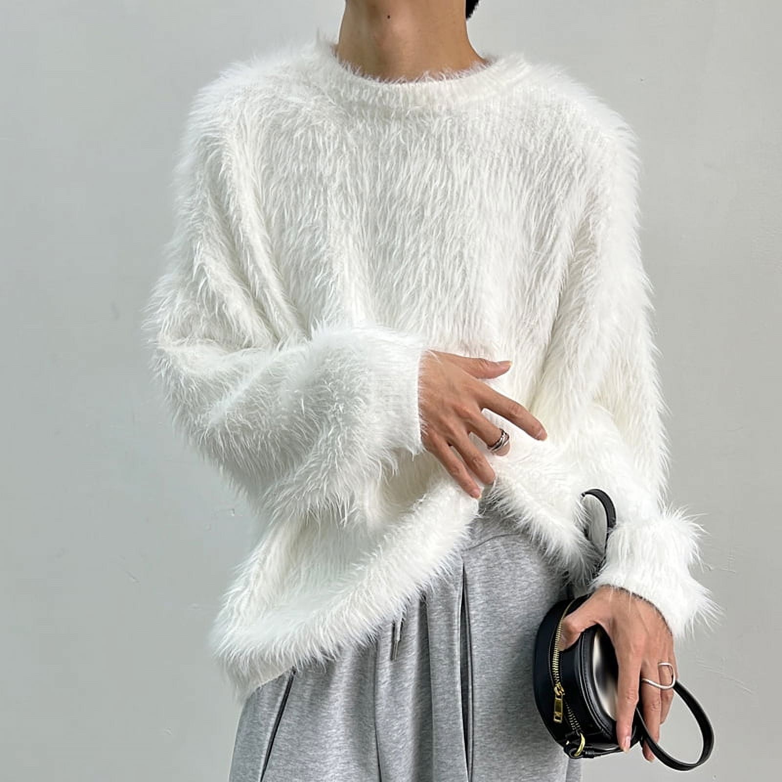 INCERUN Mens Fluffy Faux Fur Jumper Sweater Long Sleeve Winter Casual Loose Pullover