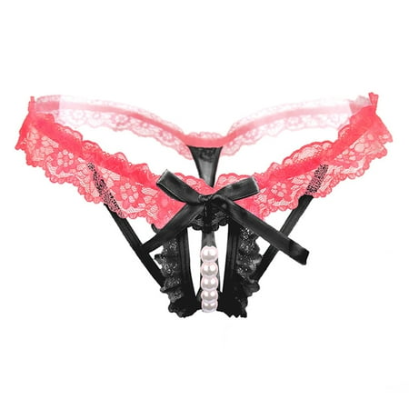 

SANAG Women Low Waist Bowknot Beads Panties Lace Hollow G String Thongs Underwear