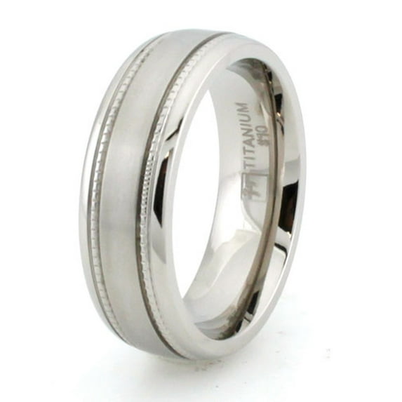 Titanium Brushed Center Strip Milgrain Edge Wedding Band Ring