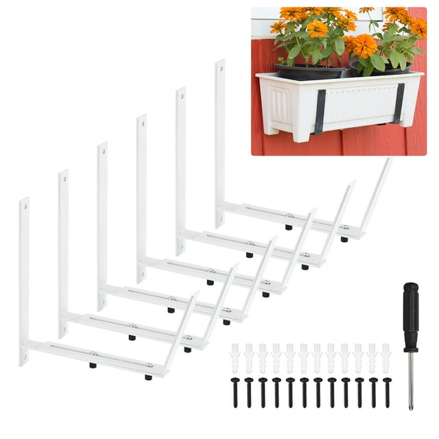 Unique Bargains White Adjustable Window Planter Box Brackets Universal Window Box Holder, Iron Flower Box Wall Mounting Hooks (6 PCS)