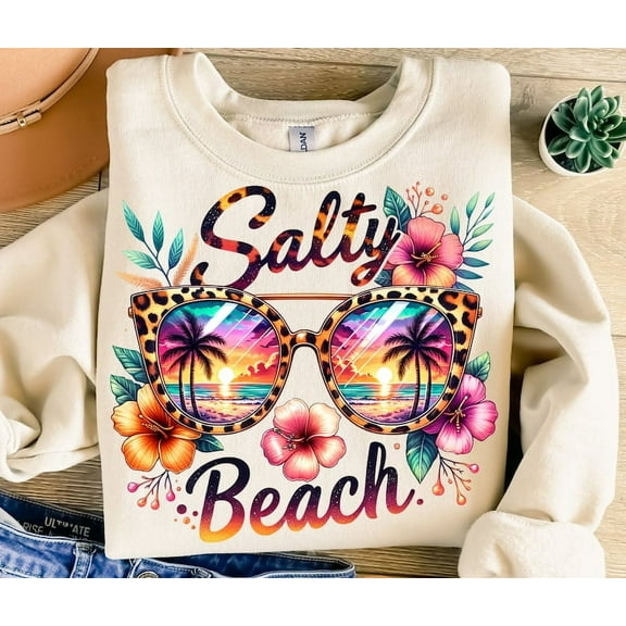 Salty Beach Shirt, Colorful Summer T-Shirt with Tropical Flowers, Trendy Beach Graphic Tee, Vacation Vibes Shirt