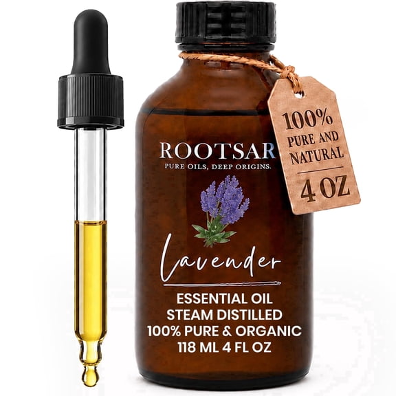 Rootsar Lavender Essential Oil 100% Pure Organic Lavender Oil, Steam Distilled, 4 fl oz/ 118 ML Premium Essential Oil for Diffuser, Aromatherapy, Massage, Skin Care, Candle & Soap Making