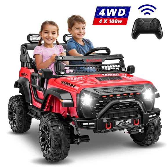 VIBESPARK 24 Volt 2-Seater Ride on Toys with Remote Control, 9AH Electric Car for Kids, 4WD Battery Powered Ride on Truck Car, Power Car Wheels w/ Bluetooth, Music, Spring Suspension, 3-Speed, Red