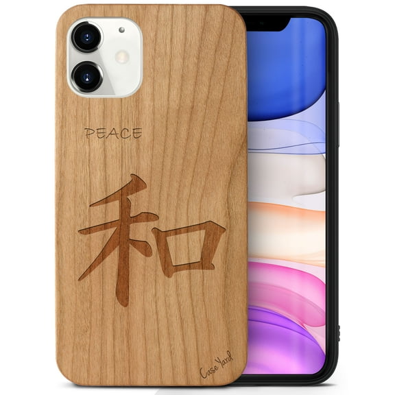 Case Yard Wooden Case Outside Soft TPU Silicone, Slim Fit Shockproof Wood Protective Phone Cover for Girls Boys Men and Women, Supports Wireless Charging Kanji Peace Design case for iPhone-12-Mini