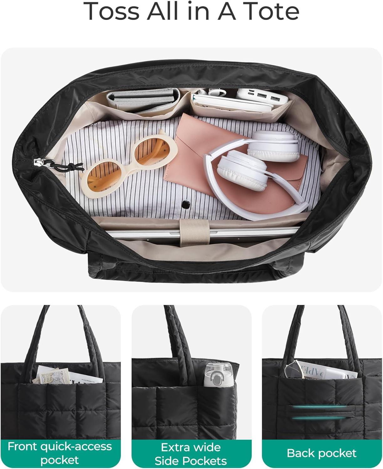 mirlewaiy Tote Bag for Women, Puffer Work Tote Handbag, Quilted Carry-On Travel Gym Bag(Black)