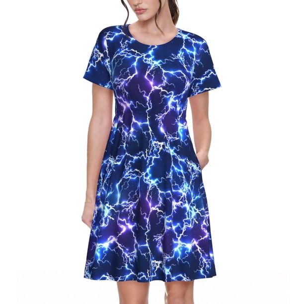 Easygdp Blue Lightning1 para Vestido Transpirable de Mujer, Vestido Suelto de Manga Corta con Pliegues y Bolsillos para el Verano