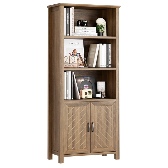 Farmhouse Bookcase with Doors 71 Inch Tall 5 Tier Wooden Bookshelf Cabinet Adjustable Shelves Storage Display for Living Room Bedroom Home Office Freestanding Rustic Brown