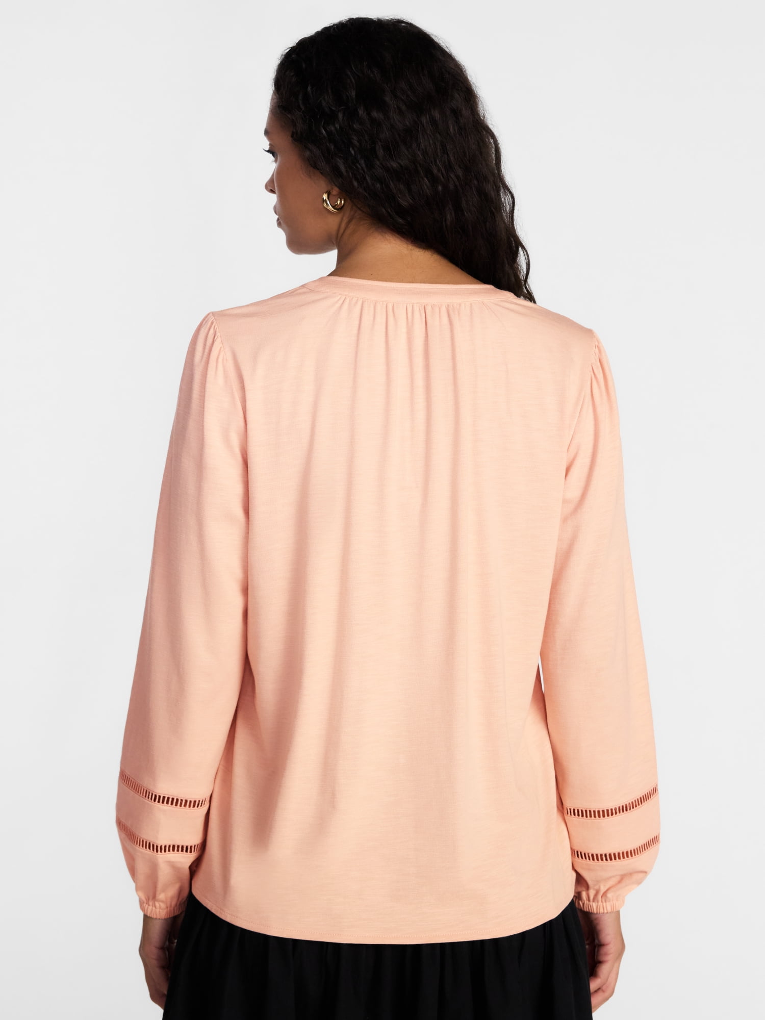 Scenario Women's Slub Knit Split Neck Top with Long Sleeves, Sizes XS-XXXL